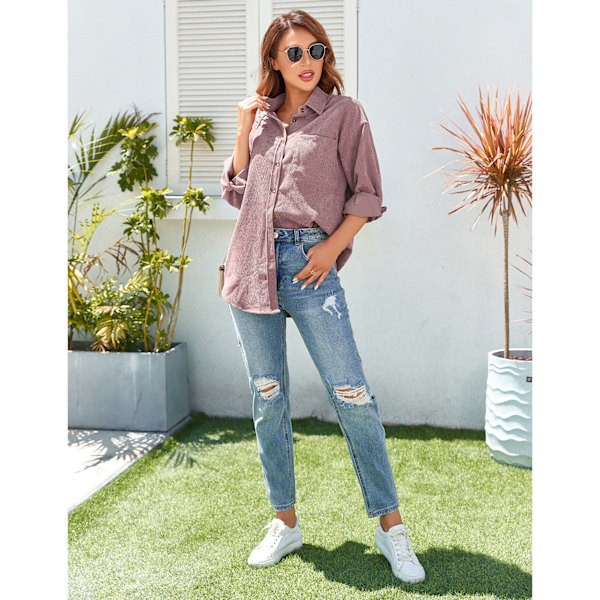 Dame Cordfløyel Skjorte Løs Casual Elegant Ensfarget Langermet Knappelukking Bluse Topper med Lomme Rosa XL 0.3