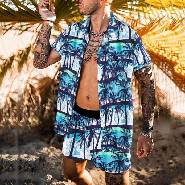 Herr Summer Short Sleeve Suit Beach Vacation Short Sleeve+Shorts #4,S
