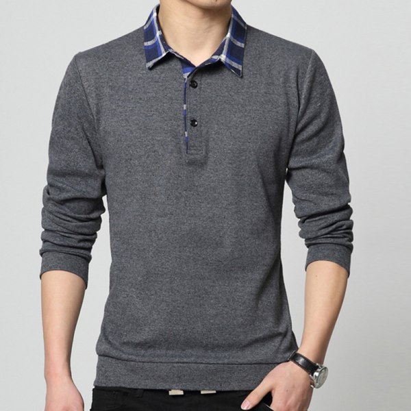 Herr bomull enfärgad långärmad pikétröja Pullover T-shirt Dark Gray XL 470d  | Dark Gray | 95%cotton 5%Spandex | Fyndiq