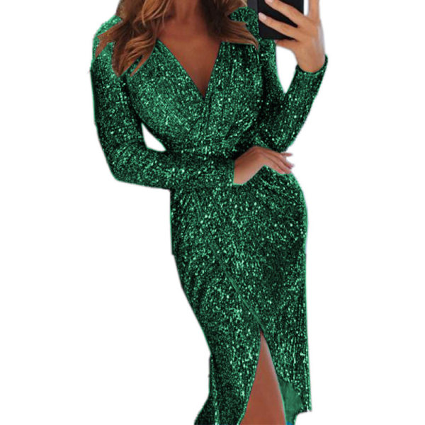 Kvinnor Maxiklänning Paljett långärmad festklänning Sexig djup V-ringning Green L
