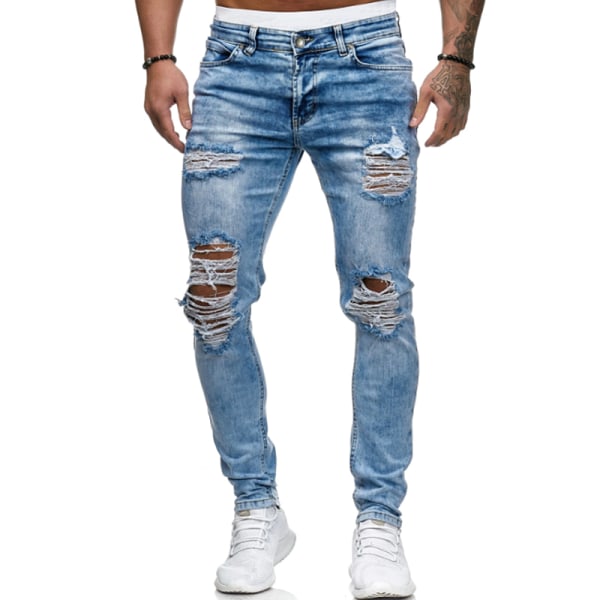 Män Skinny Ripped Jeans Stretch Byxor Byxor Blå Blue,XXL