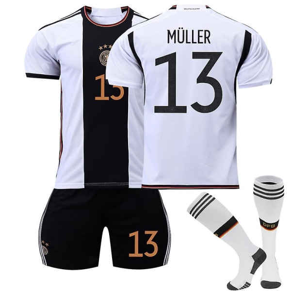 Tyskland 2022-2023 VM Hjemmetrøje Mller #13 Fodboldtrøje T-shirt shorts sæt Fodbold 3-delt sæt til børn Voksne Adult XL（180-190cm）
