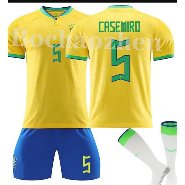Qatar fotbolls-VM 2022 Brasilien Hem Casimiro #5 Tröja Samba Fotboll T-shirts för herr Set Barn Ungdomar Kids 22(120-130cm)