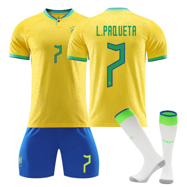 Qatar 2022 World Cup Brasil Hjem Lucas Paqueta #7 Trikot Samba Fotball T-skjorter for menn Trikotsett Barn Ungdom Kids 26(140-150cm)