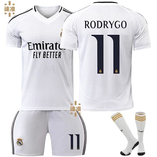 24-25 Real Madrid Rodrygo 11 Hjemmefotballdrakt Ny sesong Siste fotballdrakter for voksne barn Kids 16(90-100cm)
