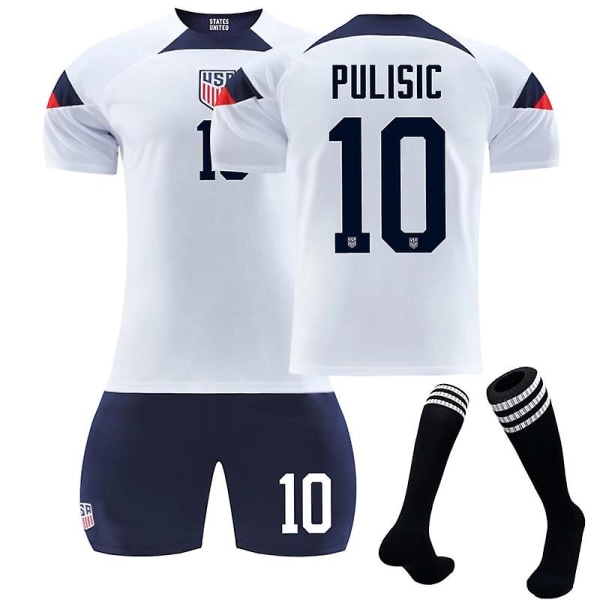 Usa trøje Hjemme VM Qatar 2022 Pulisic #10 Fodboldtrøje T-shirt shorts sæt Fodbold 3-delt sæt til børn Voksne Adult M（170-175cm）