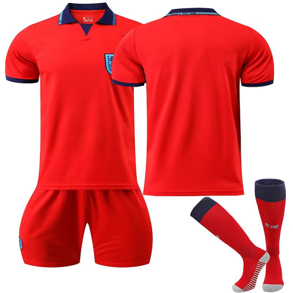 England VM 2022 udebanetrøje England holdtrøje fodboldtrøje T-shirt shorts sæt fodbold 3-delt sæt til børn Voksne Kids 18(100-110cm)