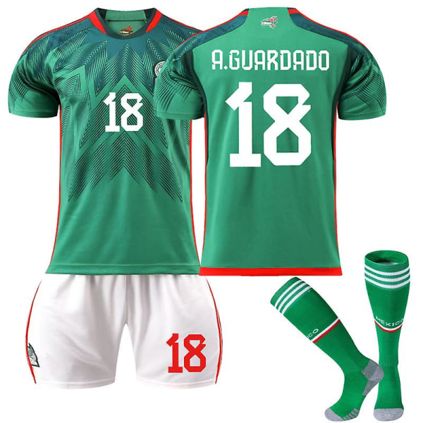 Mexico Hjemmetrøje VM 2022/23 A.guardado #18 Fodboldtrøje T-shirt shorts sæt Fodbold 3-delt sæt til børn Voksne Adult S（165-170cm）