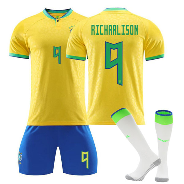Qatar fotbolls-VM 2022 Brasilien Hem Richarlison #9 Tröja Samba fotboll T-shirts för herr Set Barn Ungdomar Adult XS（160-165cm）