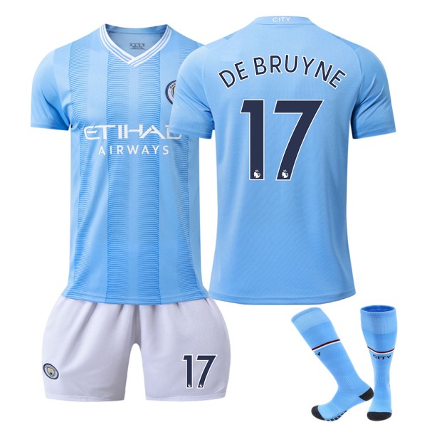 23-24 Manchester City hjemmefodboldtrøjer 17 De Bruyne Ny sæson Seneste fodboldtrøje til voksne børn Kids 20(110-120cm)