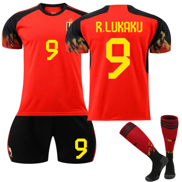 Qatar 2022 VM Belgien Hjem R Lukaku #9 Trøje Herre fodbold T-shirts Trøjesæt Børn Unge Adult M（170-175cm）