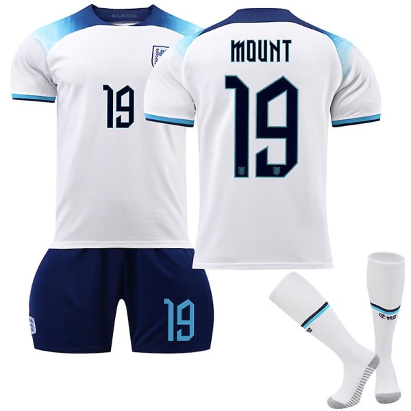England VM 2022 Hjemmetrøje Mount #19 Fodboldtrøje T-shirt shorts sæt Fodbold 3-delt sæt til børn Voksne Adult L（175-180cm）