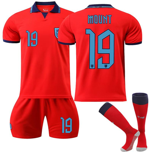 England 2022 World Cup bortatröja Mount #19 Fotbollströja T-shirt Shorts Kit Fotboll 3-delade set för barn Vuxna Kids 22(120-130cm)