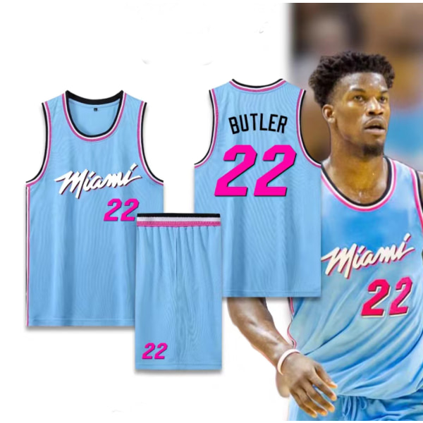 Basketballtrøjer Sportstøj Jimmy Butler Miami Heat nr. 22 Basketballtrøjer Voksne børn City Edition Blue Adult L（160-165cm）