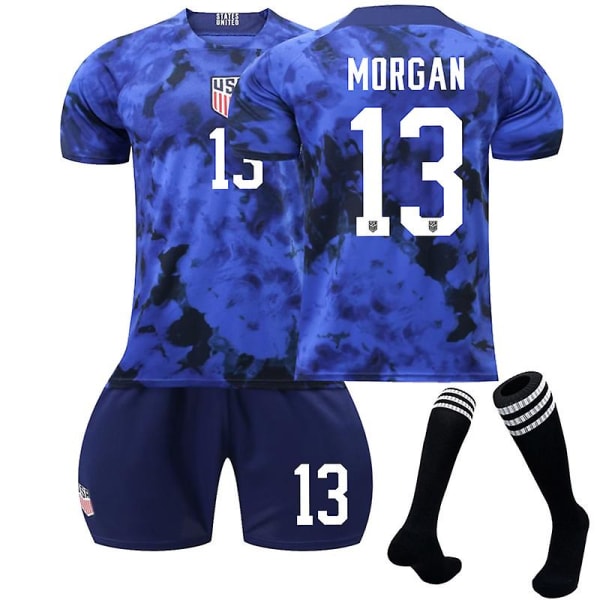 Usa tröja Borta-VM Qatar 2022 Morgan #13 Fotbollströja T-shirt Shorts Kit Fotboll 3-delade set för barn Vuxna Kids 24(130-140cm)