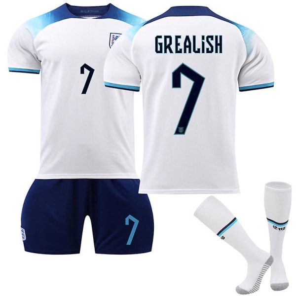 England VM 2022 Hjemmetrøje Grealish #7 Fodboldtrøje T-shirt shorts sæt Fodbold 3-delt sæt til børn Voksne fodboldtrøjer Kids 26(140-150cm)