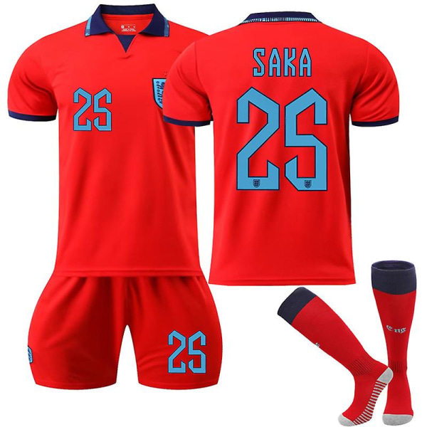 England VM 2022 bortatröja Saka #25 Fotbollströja T-shirt Shorts Kit Fotboll 3-delade set för barn Vuxna Kids 22(120-130cm)