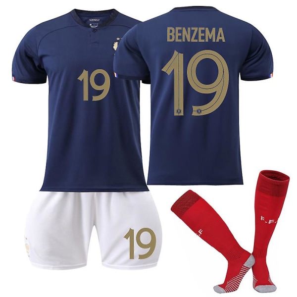 Frankrig Hjemmetrøje 2022/23 VM Benzema #19 Fodboldtrøje T-shirt shorts sæt Fodbold 3-delt sæt til børn Voksne Adult XS（160-165cm）