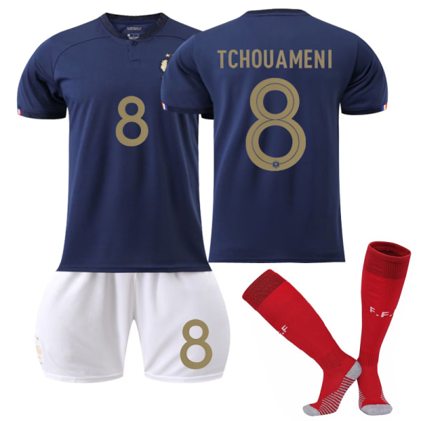 Qatar fotbolls-VM 2022 Frankrike Hem Tchouameni #8 tröja fotboll herr T-shirts Set Barn Ungdomar Kids 28(150-160cm)
