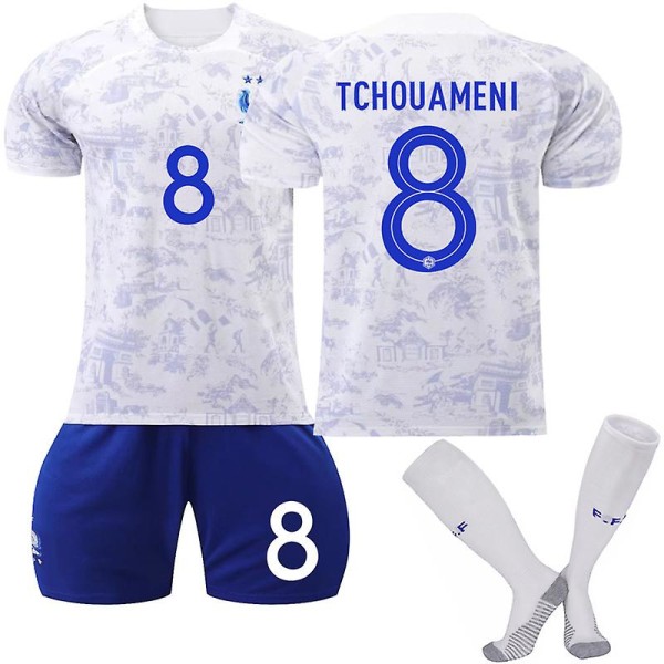 Frankrig Udebanetrøje 2022/23 World Cup Tchouameni #8 Fodboldtrøje T-shirt shorts sæt Fodbold 3-delt sæt til børn Voksne Adult XXL（190-200cm）