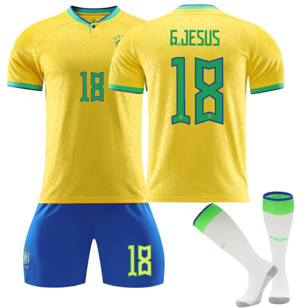 Qatar 2022 VM Brasil Hjem Gabriel Jesus #18 Trøye Samba Fotball T-skjorter for menn Trikotsett Barn Ungdom Adult XS（160-165cm）
