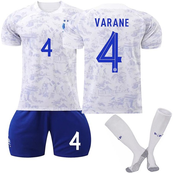 Frankrike Borteskjorte 2022/23 VM Varane #4 Fotballdrakt T-skjorte shortssett Fotballsett 3-delt for barn Voksne Fotballdrakter Kids 18(100-110cm)