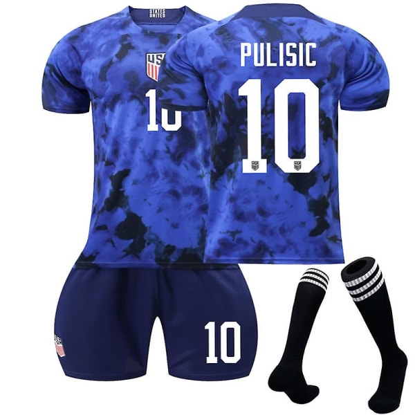 Usa Jersey Borte-VM Qatar 2022 Pulisic #10 Fotballdrakt T-skjorte Shorts Sett Fotball 3-delers sett For Barn Voksne Kids 20(110-120cm)