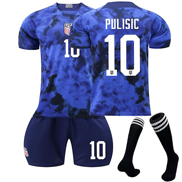 Usa Jersey udebane VM Qatar 2022 Pulisic #10 Fodboldtrøje T-shirt shorts sæt Fodbold 3-delt sæt til børn Voksne Adult S（165-170cm）