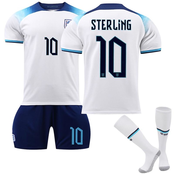 England VM 2022 hemmatröja Sterling #10 Fotbollströja T-shirt Shorts Kit Fotboll 3-delade set för barn Vuxna Kids 24(130-140cm)