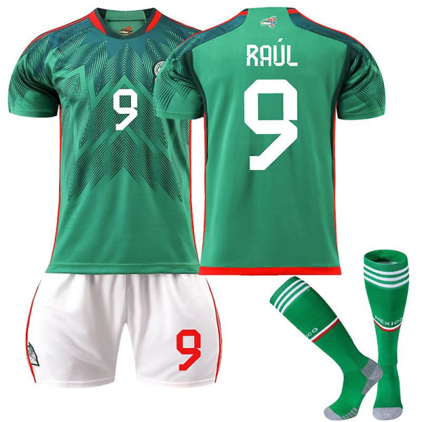 Mexico Hjemmetrøje VM 2022/23 Ral #9 Fodboldtrøje T-shirt shorts sæt fodbold 3-delt sæt til børn Voksne fodboldtrøjer Adult S（165-170cm）