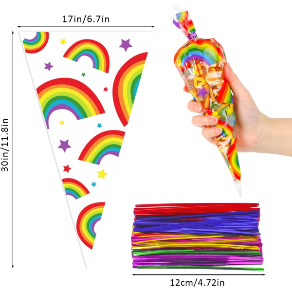 Rainbow Clear Cone-påsar,120 bitar Rainbow Cellofan Godis Cone-påsar Med Twist Slips För Fest,Födelsedag,Festfavorittillbehör regnbåge-multi 17 x 30cm