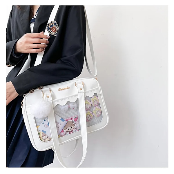 Japansk Kawaii Axelväska för Kvinnor PU Läder Itabag Transparent Tote JK Handväska Preppy Crossbody Ita Väska White