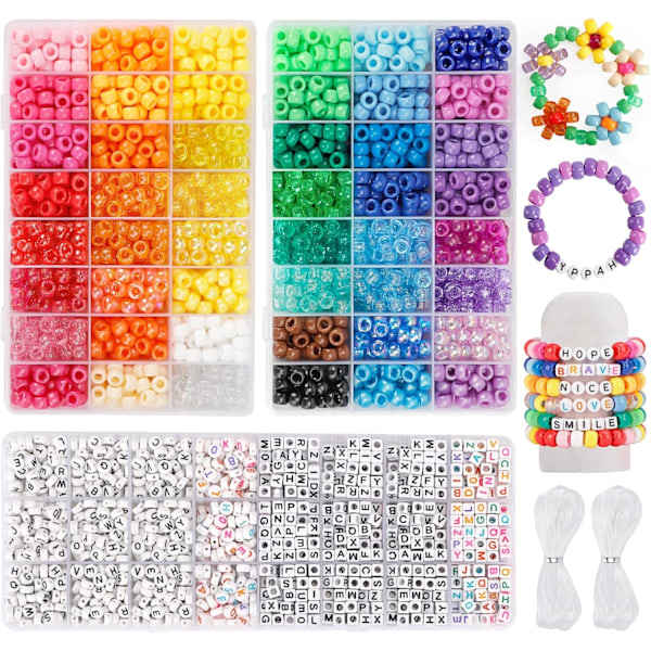 3960 st Pony Pärlor för Vänskapsarmband Set 48 Färger Kandi Pärlor, 2400 st Plast Regnbåge i Bulk och 1560 st Bokstavspärlor Gold