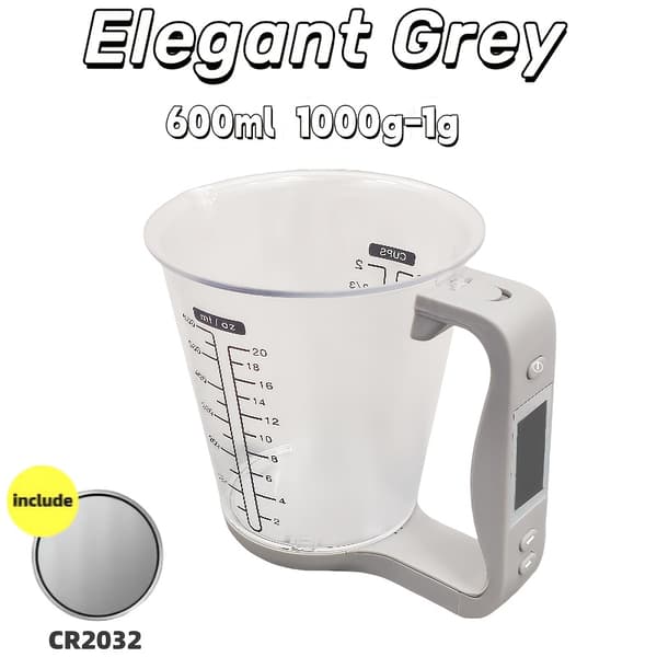 Smart 600 ml målebeger med vekt, termometer og 6-i-1 enhetskonverterer Gray
