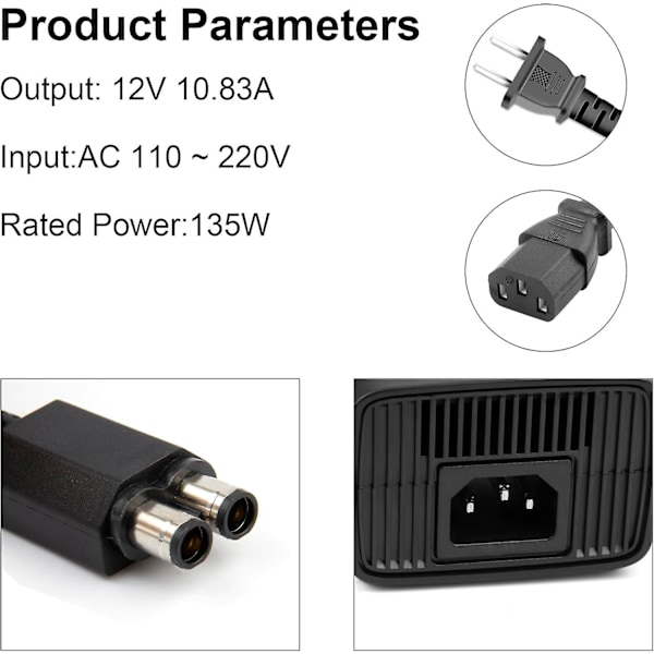 HØY KVALITET erstatning Xbox 360S/Slim (passer kun til 360 S) Strømforsyning, AC Adapter Strømforsyningsledning Mursten for Xbox 360 Slim Auto Spenning (Svart)