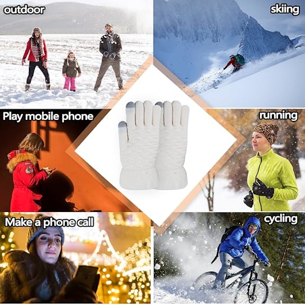Vintervarma Touchscreen-Vantar för Kvinnor, Termiska Stickade Ullvantar med Fleecefoder för Kallt Väder White