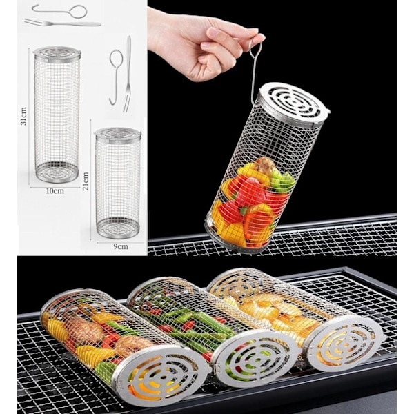2-pak Grillkurv i rustfrit stål, 2 kroge og 2 gafler. Rullegrill [GP]