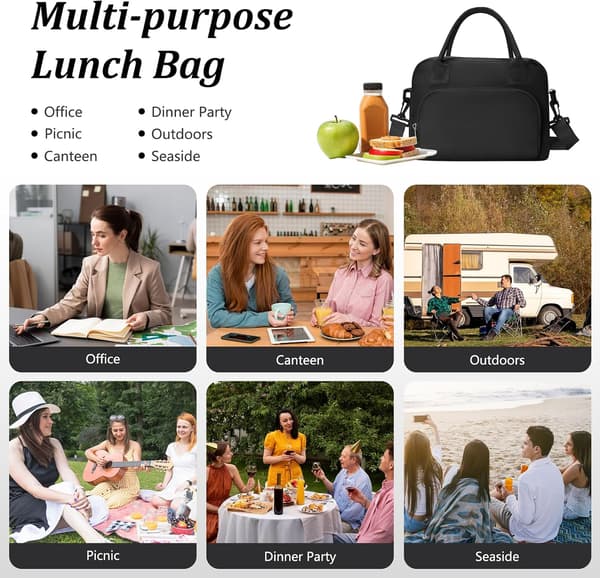 Lunch Bags, 12L Large Insulated Lunch Box with Adjustable Shoulder Straps, Multi-Pocket Lunch Bag, Black Black