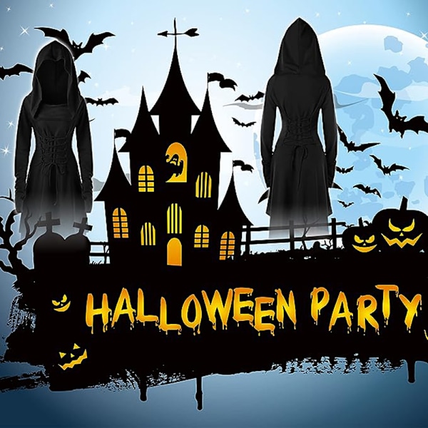 Kvinnors gotiska klänning, medeltida kläder, Halloween-kostym, renässans med huva klänning för Halloween-karneval