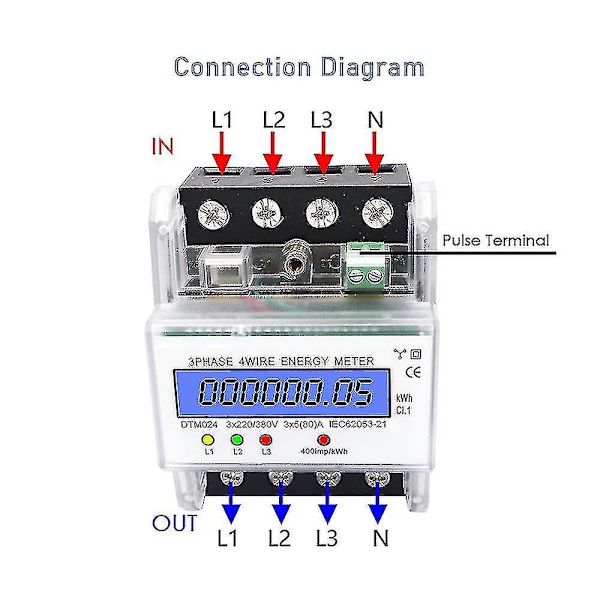 Fase 4 Trådløs Energimåler 220/380v 5-80a Energiforbruk Kwh Måler DIN Skinne Installasjon Digital Strømmåler med LCD Bakgrunnsbelysning(