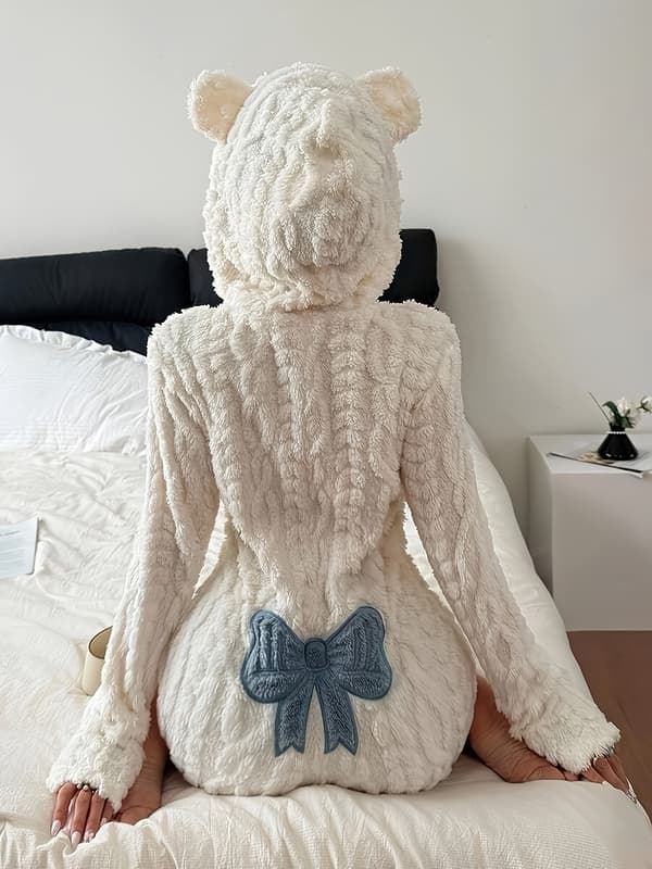 Bodysuit med dyrehette og sløyfebroderi for kvinner, vinterfleece-onesie L Off-white