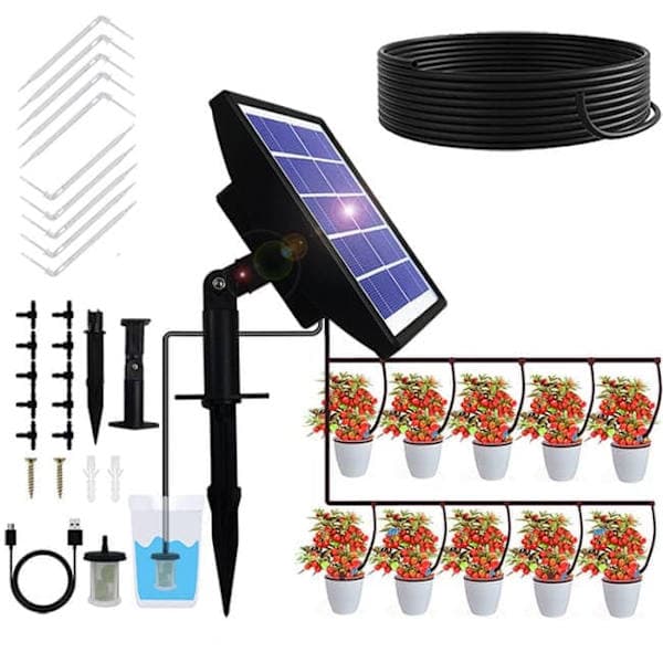 Solar-powered irrigation with timer - Automatic drip irrigation 15m with siphon stop for garden, greenhouse and vegetables