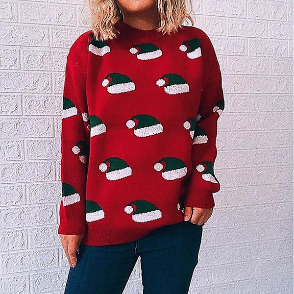 Damtröja, Pullover, Jumper, Ribbad Stickad, Patchwork, Färgblock, Rundhalsad, Snygg, Casual, Utomhus, Jul, Höst, Vinter, Storlek L