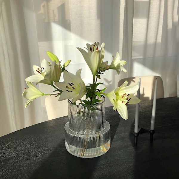 Klar glasvas, räfflad vas, räfflad glasvas, blomvas, modern vas för bordsdekorationer, dekorativ vas för vardagsrum, matbord, entré