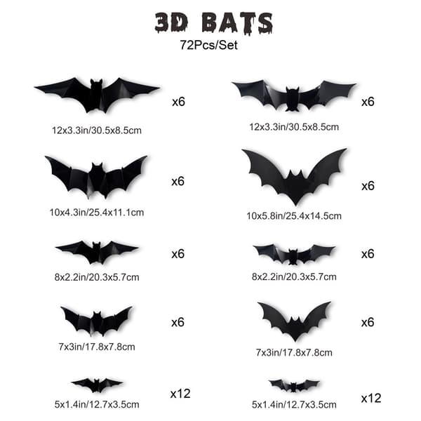 Halloween-dekorasjon utendørs 72 lysende 3D-flaggermus for dør og vindu | Inkluderer 72 LED-lys og selvklebende puter bat 72pcs