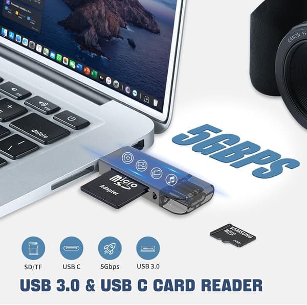 USB 3.0 + USB C til SD-kortlæser til iPhone iPad Mac - Højhastigheds SD-hukommelseskortadapter Sort 3.0 USB C Card Reader