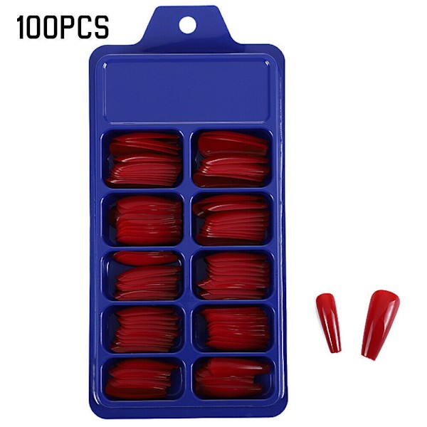 100 st Långa Falska Naglar Artificiella Nagelkonst Tips Stick Full Nagel Red