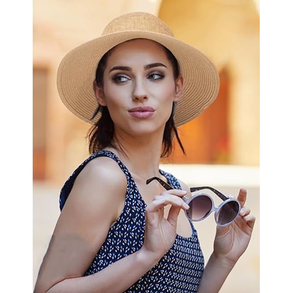 Dame Strand Solhatte Sommer UV Beskyttelse Stråhat Foldbar Pakkbar Bred Skygge Rejse, khaki