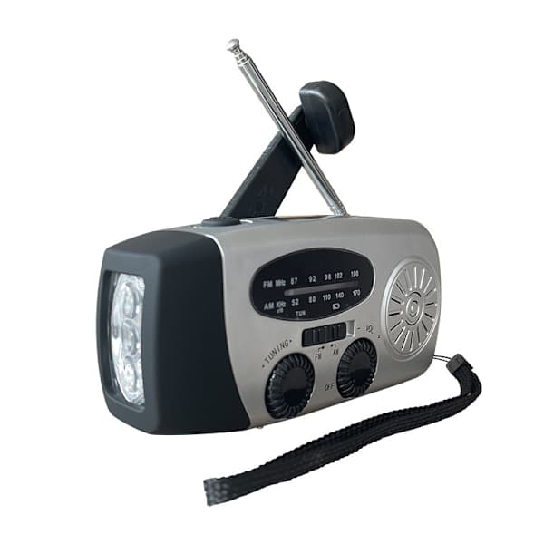Aurinkoenergialla toimiva hätäradio taskulampulla, veivillä ja virtapankilla[GPA] silver size