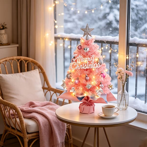 Kunstigt Mini Juletræ med LED-lys og Topstjerne til Skrivebords Julepynt Pink Tree + LED